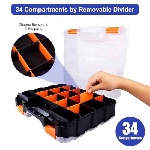 Small Parts Organizer Double Sided Parts Organizer with Removable Dividers 34-Compartments Storage Bins for Hardware, Screws, Nuts, Bolts, Washers, Nails, Fasteners, Tools