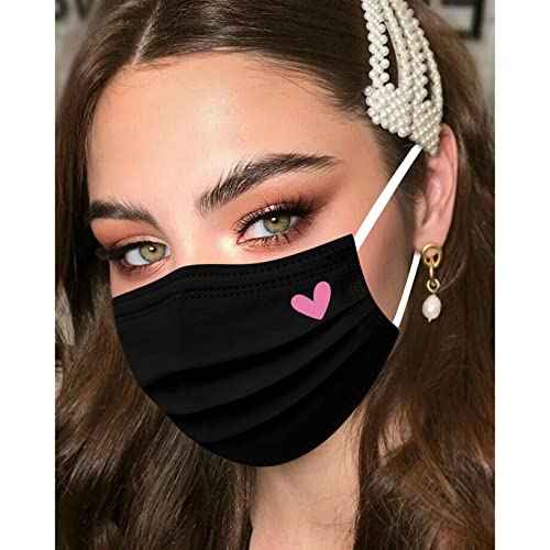 50pcs Cute Disposable Face Masks, Pink And Black Masks with Hearts Printed, 3-Ply Full Face Protection for Women Teen Girls