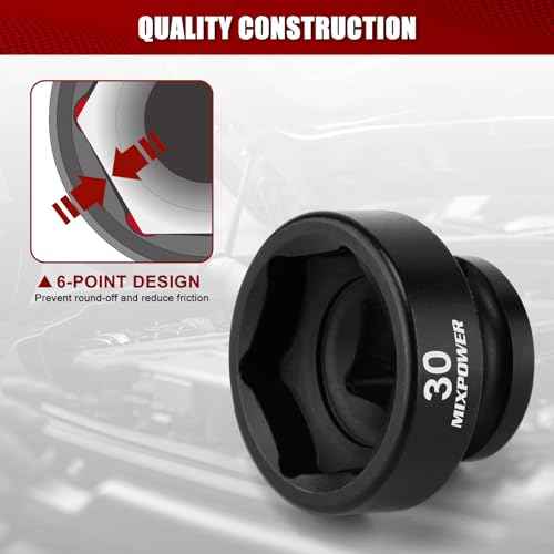 MIXPOWER 1/2" Drive Stubby Impact Socket,CR-MO,30mm,6-Point,Metric,Radius Corner Design, Axle Nut Impact Grade Socket for Easy Removal