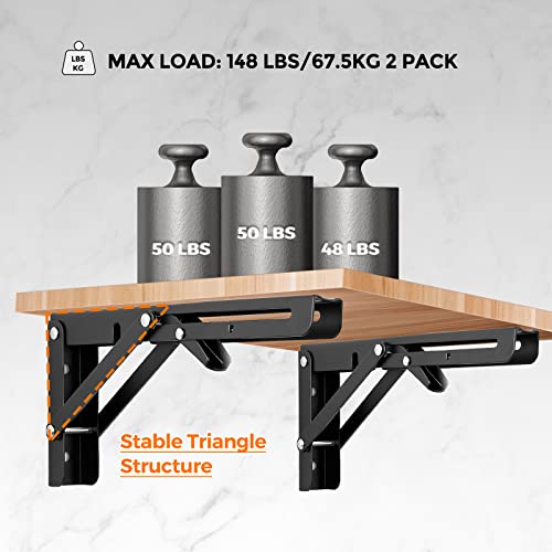 Ravinte 10 Inch Matte Black Folding Shelf Brackets, 2 Pack – Space Saving Wall Mount Supports