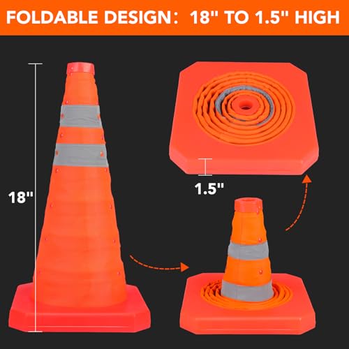 TENKAIWICK 18 Inch 6 Pack Collapsible Traffic Cones with Reflective Collar - Orange Safety Cones for Parking, Driveway, Roadwork