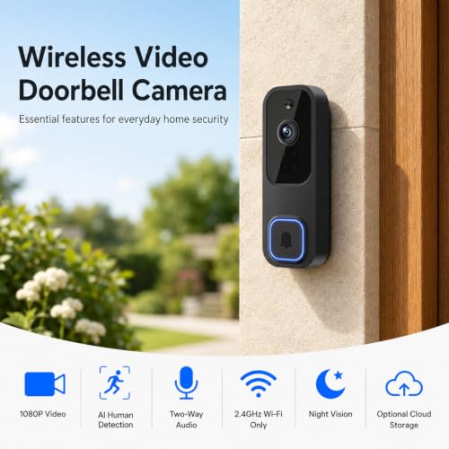 Vykanox Wireless Square Button Doorbell Camera with AI Human Detection & Night Vision