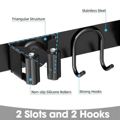 Broom Holder Wall Mount, Stainless Steel Mop and Broom Organizer, Broom Hanger with 2 Slots 2 Hooks for Home Kitchen, Garage, Garden and Laundry Room, Black
