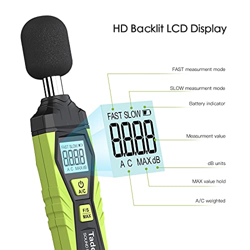 Tadeto Green Digital Sound Level Meter 30-130dB with A/C Weighting, LCD Backlight