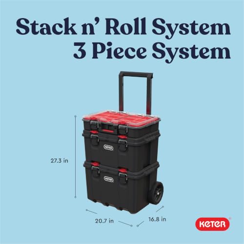 Keter Stack N Roll Modular Tool Box System 3-Piece Black/Red, Mobile Storage