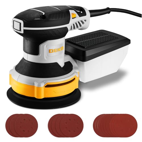 DEKOPRO 5-inch Yellow Random Orbital Sander with Dust Box, 6 Speeds, 16 Sandpapers for Woodworking & Metal Sanding