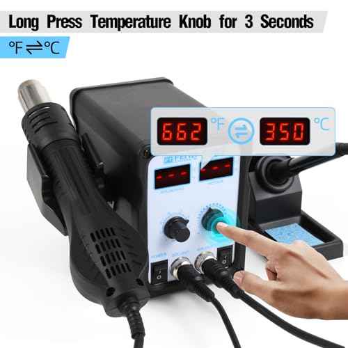 FEITA 8586 SMD Hot Air Rework Station 2 IN 1 Digital Soldering Iron & Heat Air Gun with 5 Solder Tips, 1 Solder Sucker, 1 Solder Wire, 1 Curved Tweezer, 3 Nozzles Kit