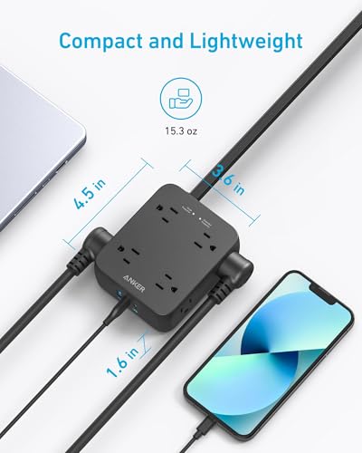 Anker Power Strip with 2000J Surge Protector, 8 Outlets, 20W USB-C, Black, 5FT Cord