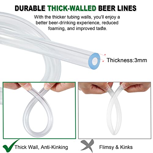 15ft Hilangsan Kegerator Beer Line Tubing 3/16 ID Food-Grade PVC – Thick-Walled Replacement Kit with Clamps