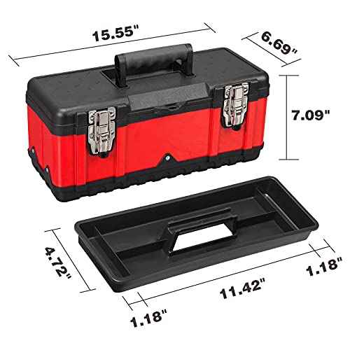 Steel Tool Box 15.5 Inch Small Portable Tool Organizer Box with Built-in Short Non-slip Handle Car Box with Removable tray