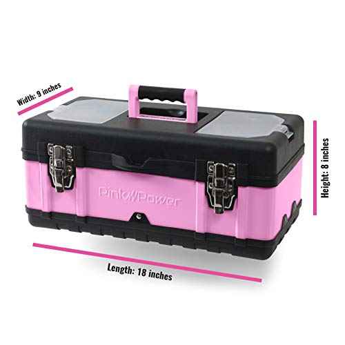 Pink Power Pink Tool Box for Women - 18" Small Metal & Plastic Portable Lightweight Locking Empty Toolbox Chest - Craft Tote Storage Case Organizer for Ladies Mini Tool Set Kit