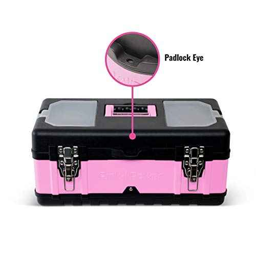 Pink Power Pink Tool Box for Women - 18" Small Metal & Plastic Portable Lightweight Locking Empty Toolbox Chest - Craft Tote Storage Case Organizer for Ladies Mini Tool Set Kit