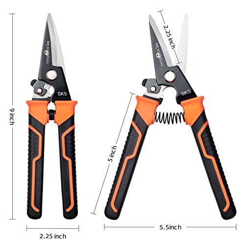 Heavy Duty Scissors, 9 Inch Multipurpose Carpet Cutting Scissors with Finely Serrated, Steel Shears Spring Loaded Snips for industry home for Copper Wire, Cardboard, Fabric, Tree Branches