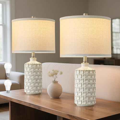 Luvkczc Vintage Farmhouse Table Lamp Set of 2, Grid Nightstand Lamp with Eye-Protecting Fabric Shade, 3-Color Temperature&2 Bulbs - Rustic Table Lamp Lamps for Living Room Bedroom Decor