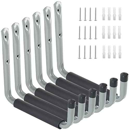 Ihomepark Garage Ladder Hooks Heavy Duty, 9" Wall Mounted Storage Hanger Utility Organizer for Bicycle, Canoe, Folding Chairs, Bike and Tools(6 Pack, Grey)