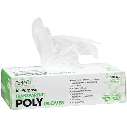 ForPro Professional Collection Disposable Poly Plastic Gloves, All-Purpose Food Safe Gloves for Cooking, Food Handling and Prep, Latex-Free, Non-Sterile, Clear, One Size, 500-Count