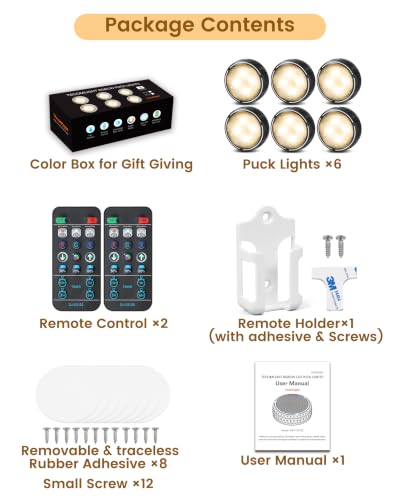 TECOMLIGHT 6 Pack Remote-Controlled Puck Lights with 3 White Tones & 13 Colors, Black Finish