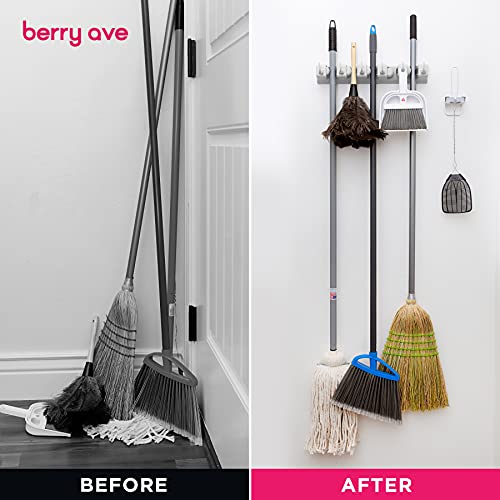 Berry Ave 1 Pack Wall Mount Broom & Mop Organizer with 5 Slots, 6 Hooks, White
