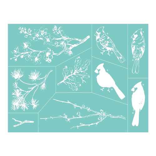 Briartw Two Cardinals & Seasonal Branches Silkscreen Stencil Reusable Self-Adhesive Mesh Stencils Silk Screen Stencil Printing for Polymer Clay Home Decoration Printing on Wood Fabric Wall Cup Plate