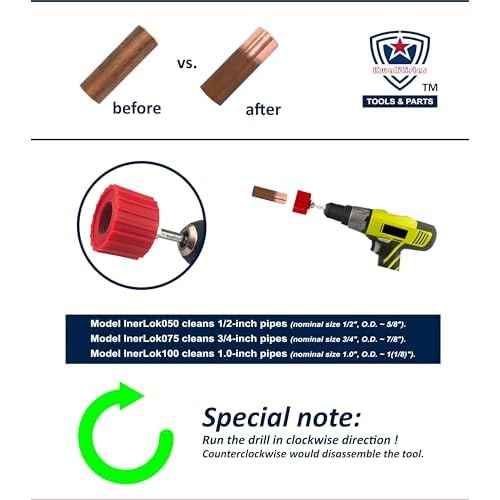 1/2-Inch Copper Pipe Cleaner for Power Drill, Model InerLok050, 1/2¡± Tube Cleaning Brush, Cleans Copper / Bronze / Brass Pipes and Tubes for Soldering, w/ Stainless-Steel Wire Bristles and 1/4¡± Shank¡¦