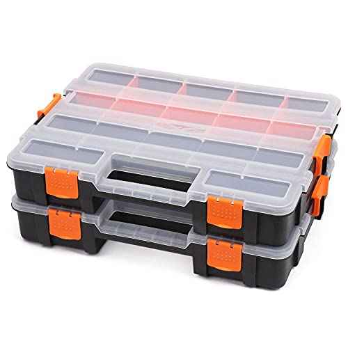 Makitoyo Tool Box Organizers, Interlocking Black Small Parts Organizer for Fasteners, Parts and Crafts w/Removable Dividers, 2 Pieces Pack, Black & Orange,15¡±L¡¿11.6¡±W¡¿2.6¡±H