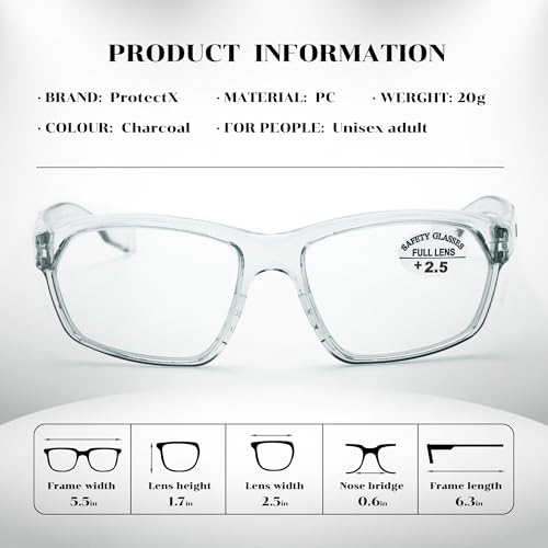 ProtectX Stylish Anti-Fog & Scratch-Resistant Safety Glasses With Readers, UV Protection Goggles, Anti-Impact Lightweight Glasses for Men£¦Women Charcoal Reading 2.5-2 Pack