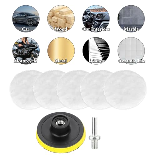 Wool Polishing Buffing Pad Set, 7 Pcs 3 Inch Car Polisher Buffer Drill Attachment with M10 Drill Adapter for Car Polishing Waxing Compound Cutting
