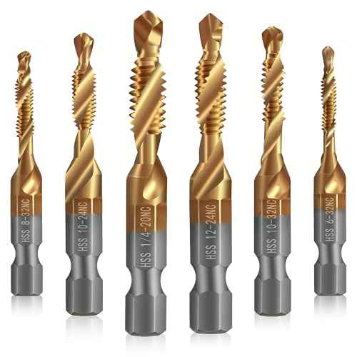 Junreox 6 Pack Combination Drill and Tap Set, Professional HSS Titanium Thread Tap Drill Bit Set in SAE 6-32nc 8-32nc 10-32nc 10-24nc 12-24nc 1/4-20nc, Quick Change Screw Tapping with 1/4¡± Hex Shank