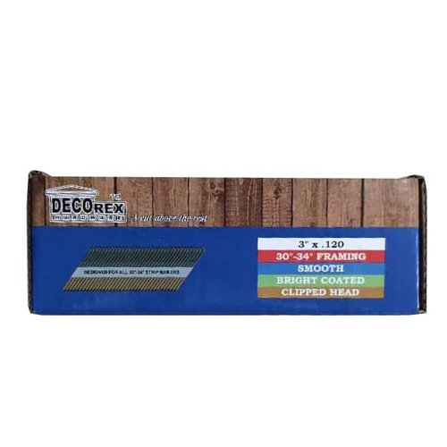 3" x .120 Smooth Shank Framing Nails, Paper Strip Collated, Clipped Head, Bright Coated Finish (30-34 Degree) - 2500pcs Box (DHSNSB-3.120)