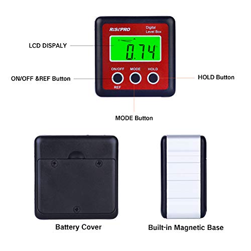 RISEPRO Digital Level Box Protractor Inclinometer with Magnets, Red - 4x90° LCD Backlit