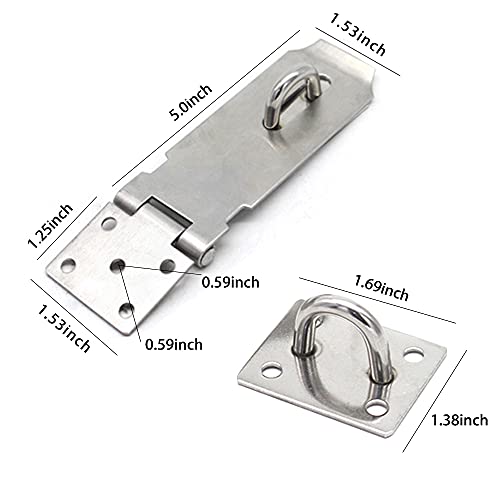 Silver 5 Inch Stainless Steel Door Hasps Lock Latches - Pack of 2, Extra Thick Gate Lock with Screws