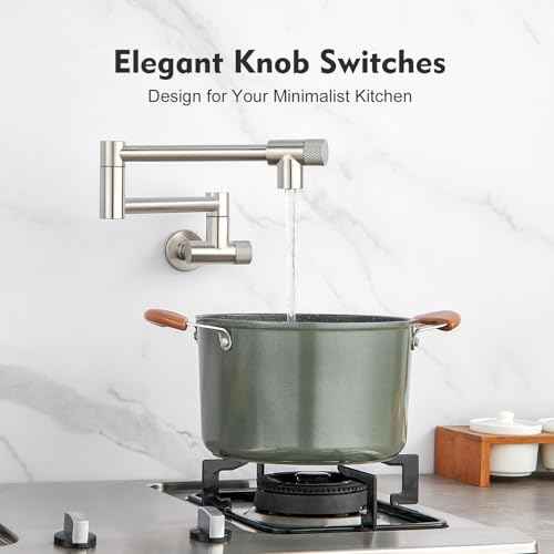 Pot Filler Faucet with Knob Switch, Wall Mount Over Stove Folding Faucet, Single Hole Stainless Steel Kitchen Pot Faucets, Brushed Stainless