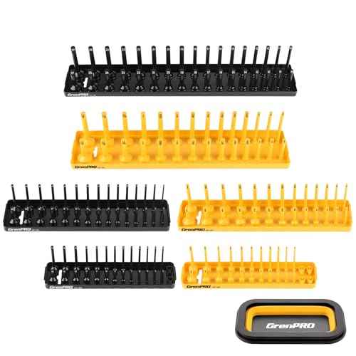 7PCS Socket Organizer Tray Set with Mini Folding Tray, Yellow & Black Magnetic Socket Holder for 1/4", 3/8", 1/2" Drive Metric and SAE Sockets