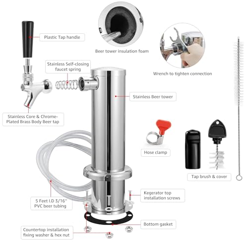 MRbrew Brass 1-Tap Stainless Draft Beer Tower for Kegerator or Countertop - Self-Closing Faucet Spring