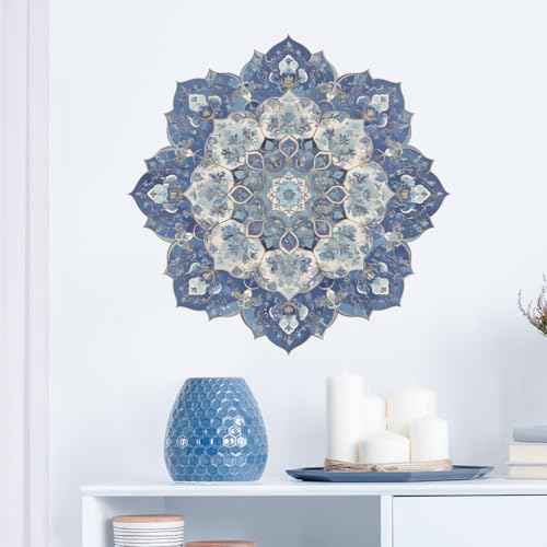 Zen Blue Floral Mandala Wall Decals Removable Boho Vinyl Stickers for Meditation Living Room and Yoga Space Floral Decor Peel and Stick Wall Art