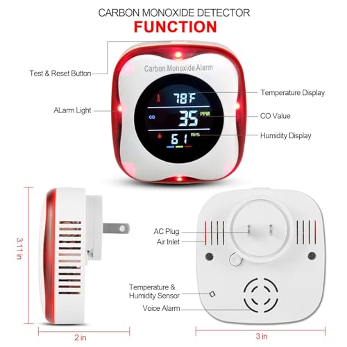 Plug-in Carbon Monoxide Detector with Real-time CO Display and Temperature and Humidity Monitor, Suitable for Home, RV, Apartment, Indoor air Safety Plug-in CO Compact Alarm