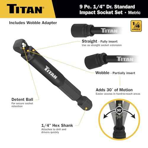 Titan 46201 9-Piece 1/4-Inch Drive Metric Shallow Impact Socket Set, 6-Point, Metric Sizes 6 to 14mm