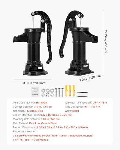 VEVOR Black Hand Pitcher Pump for Wells & Gardens, 25 ft Lift, Easy Install