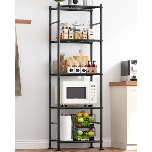 Storage Shelves - 5 Tier Shelf Organizer, Heavy Duty Garage Shelving Unit with Leveling Feet, Stable Metal Shelves Organizer for Pantry, Kitchen and Closet, 18.4" W x 12.6" D x 57.4" H, Black
