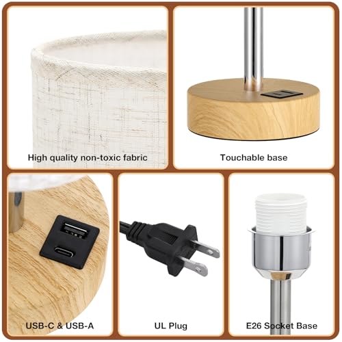 Dicoool Cream & Wooden 14-Inch Bedside Table Lamp with Touch Control & 3-Way Dimmable USB Charging