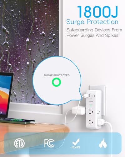 One Beat 2C2A Surge Protector Outlet Extender with Rotating Plug, 10-in-1 USB Wall Power Strip, White
