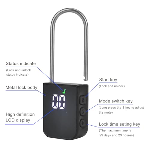 99 Days Timer Padlock with LCD Display, USB Rechargeable, Steel Cable