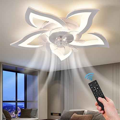 26" Geometric Ceiling Fan with Light Remote Control, 6 Speeds 3 Colors, White Low Profile Flush Mount Ceiling Light for Kitchen Bedroom Living Room
