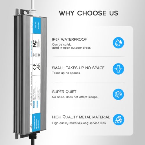 VOEWT 12V 100W Waterproof IP67 LED Power Supply Transformer AC85-265V to DC 12V, Small & Quiet with 3-Prong Cord