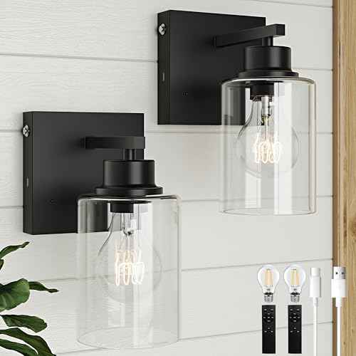 Battery Operated Wall Sconce Set of 2, Rechargeable, Cordless, Dimmable, Timer, Touch Control, 3000K, USB-C Charging for Living Room, Bedroom Black (Include 2 Special Bulbs)