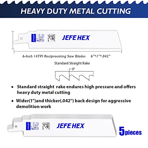 JEFE HEX 5-Piece Reciprocating Saw Blades - 6 Inch 14 TPI Saw Blade Set Bi-Metal Construction with Cobalt for Heavy Duty Metal Cutting and Wood Cutting