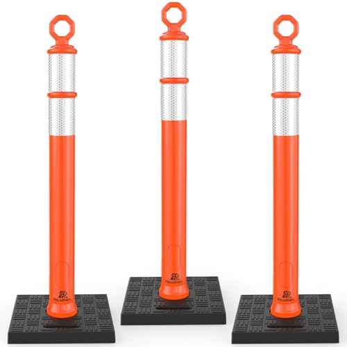 RoadHero 42 Inch Delineator Post with Base, Portable Orange Traffic Delineator Posts Cones with Reflective Collars for Parking Lots, Road Safety, Construction Events (3 Pack)
