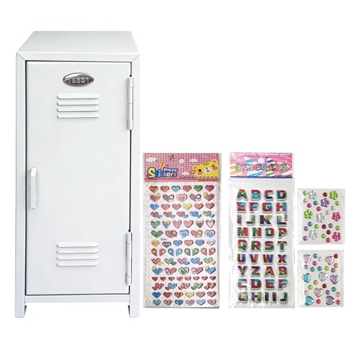 Itechpanda White Mini Locker with Key & Stickers, Small Metal Storage Box for Jewelry & Cash