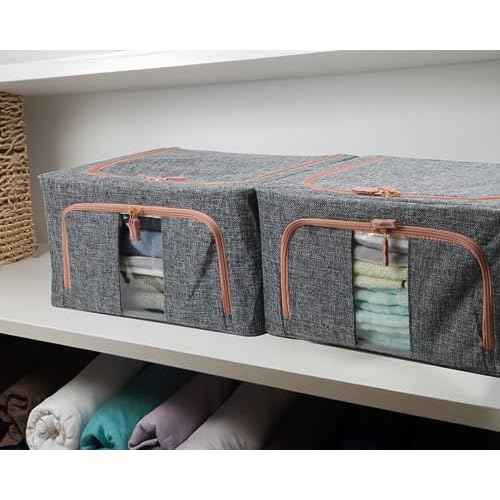 Linen Clothes Storage Bins, 4PCS Sturdy Closet Organizers and Storage Bin with Metal Frame, 2 Opening Ways Fabric Visible Lidded Storage Box for Organizing Clothing,Jeans,Sheets (4PC Gray, 22Liters)