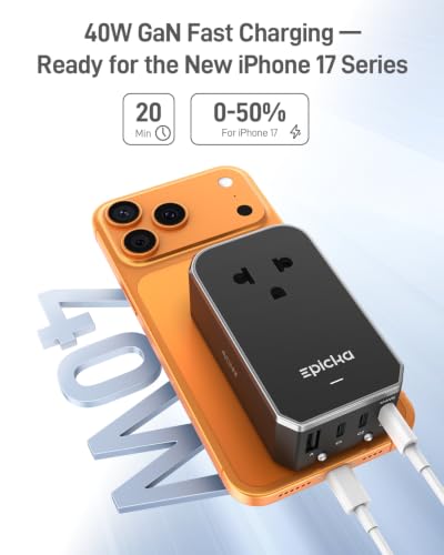 EPICKA 40W Universal Travel Adapter with PD & QC - Black, Model 40